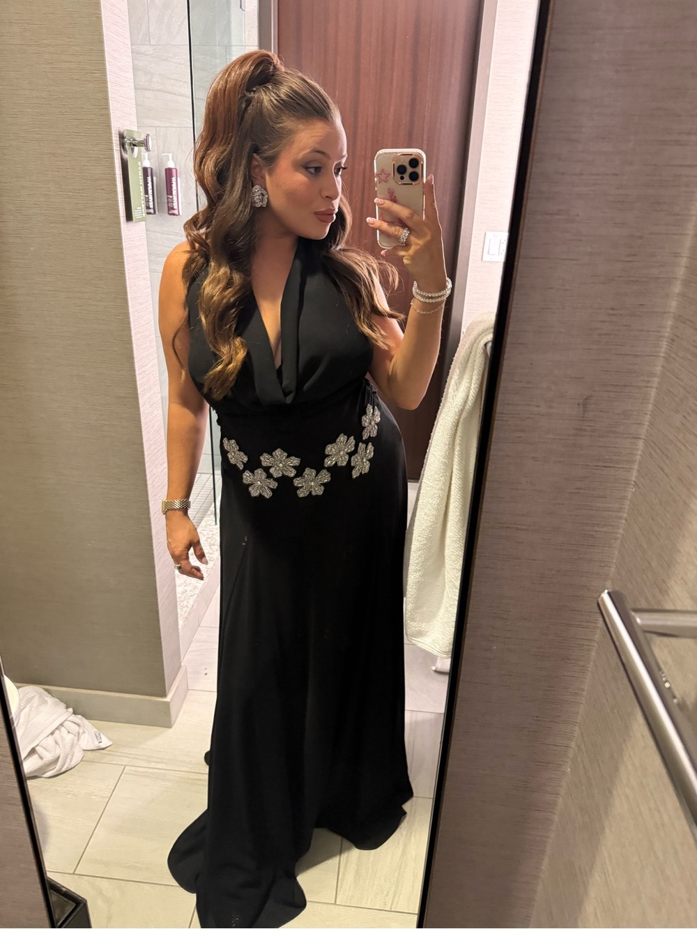 Meshki Elegant Black Beaded Waist Evening Gown